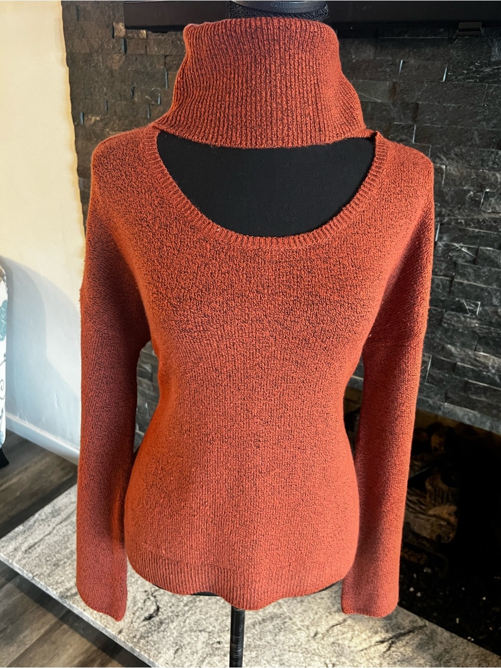 Orange Funnel Neck Cutout Women's Sweater flare sleeves